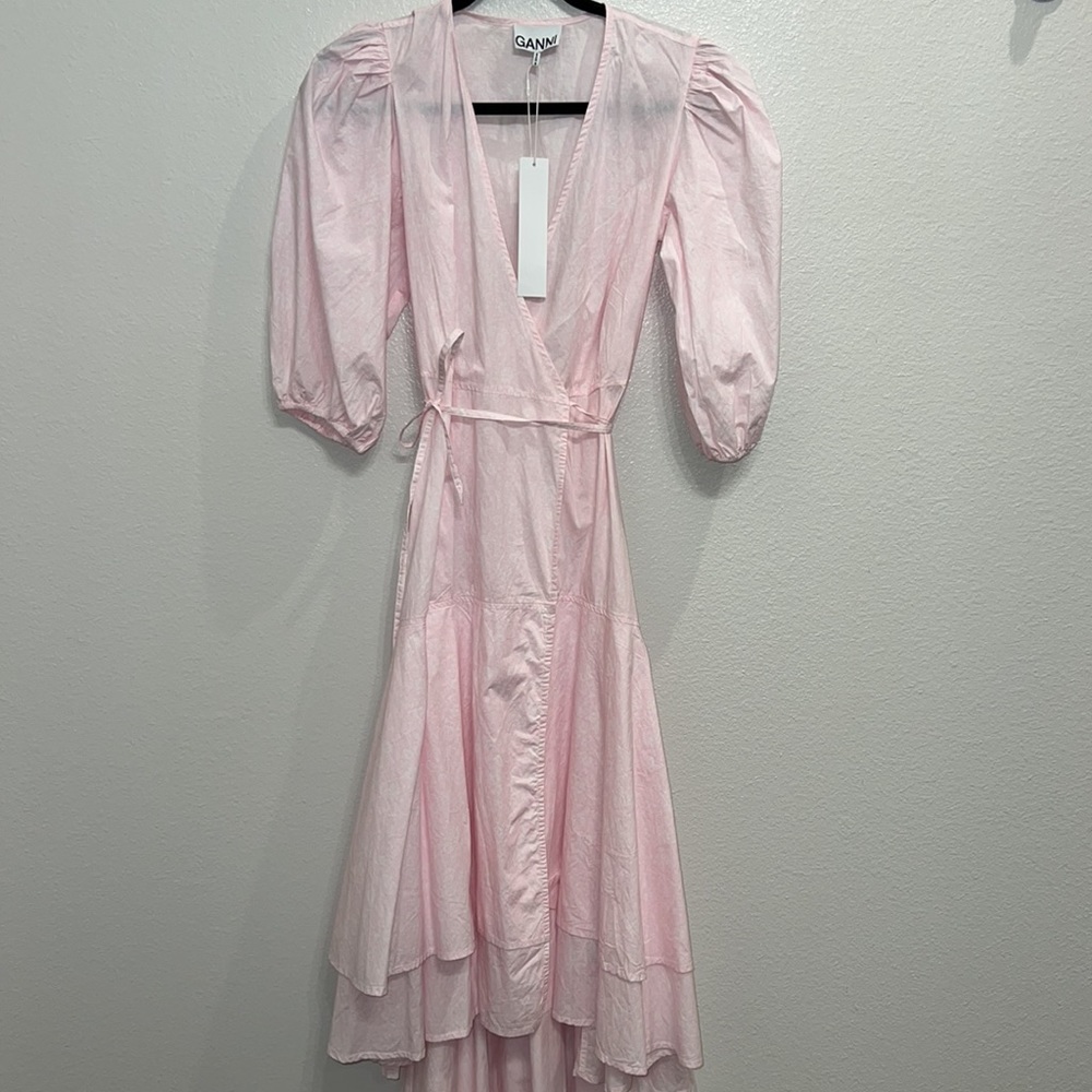 Ganni Puff Sleeve Organic Cotton Wrap Dress in Cherry Blossom - Picture 5 of 10